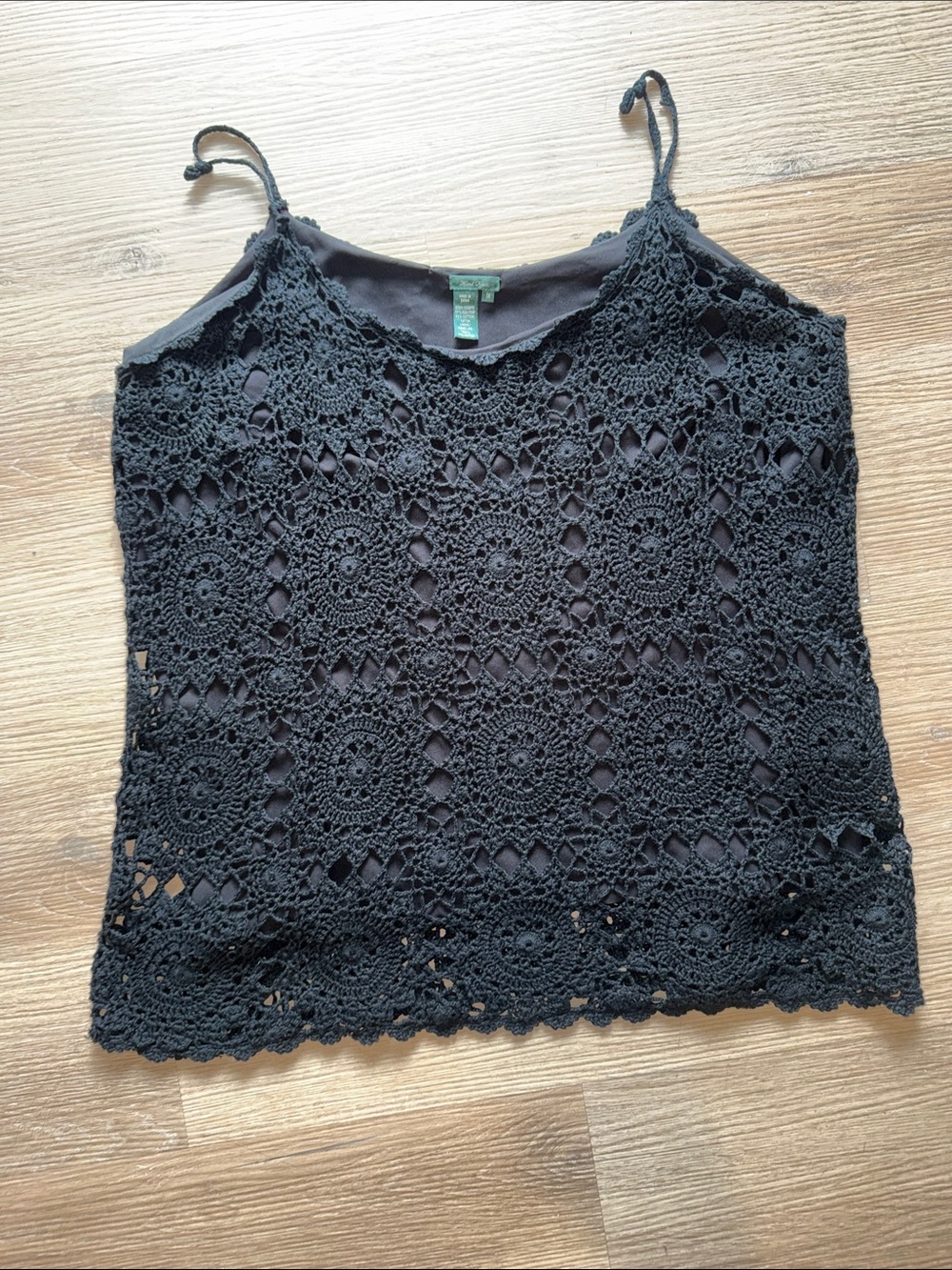 HAND KNIT Vintage Black Crochet Lace Overlay Slip Spaghetti Strap Blouse Top
